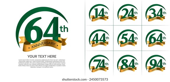 anniversary logotype set vector, green color with golden ribbon for special day celebration