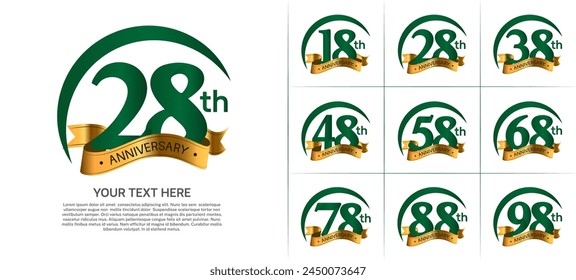 Vector del logotipo del aniversario, color verde con la cinta de oro para la celebración especial del día