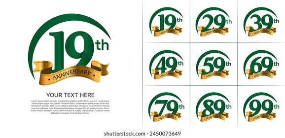 anniversary logotype set vector, green color with golden ribbon for special day celebration