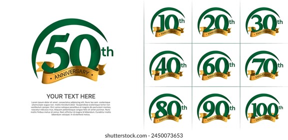 Vector del logotipo del aniversario, color verde con la cinta de oro para la celebración especial del día