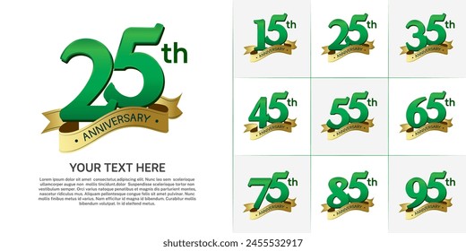 anniversary logotype set vector, green color and gold ribbon for special day celebration