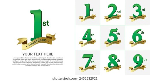 anniversary logotype set vector, green color and gold ribbon for special day celebration
