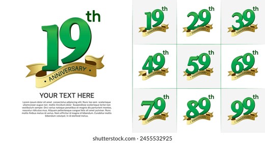 anniversary logotype set vector, green color and gold ribbon for special day celebration