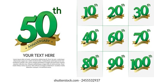 anniversary logotype set vector, green color and gold ribbon for special day celebration