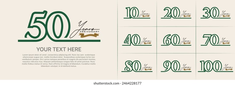 Vector del conjunto del logotipo del aniversario, color verde de la línea para la celebración especial del día