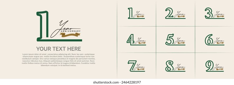 Vector del conjunto del logotipo del aniversario, color verde de la línea para la celebración especial del día