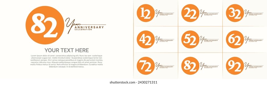 anniversary logotype set vector, orange color circle for special day celebration