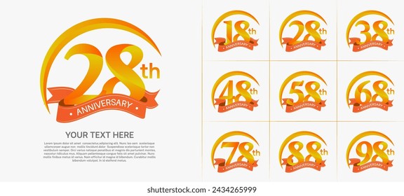 vector del conjunto del logotipo del aniversario, color naranja con la cinta para la celebración especial del día
