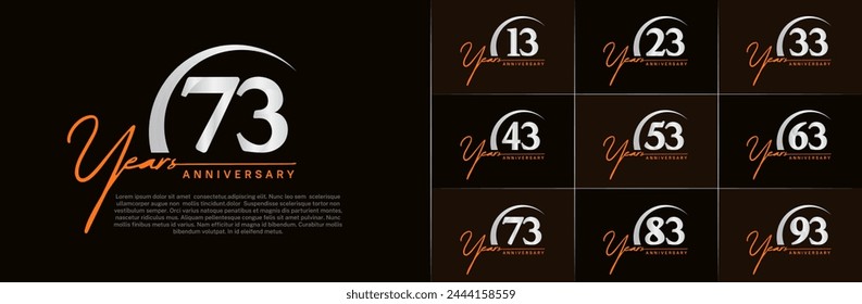 anniversary logotype set vector, orange and silver color with swoosh for special day celebration