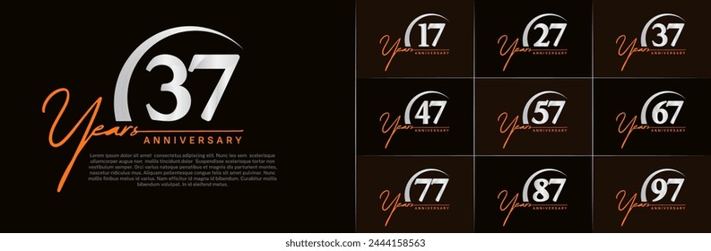 conjunto de logotipo de aniversario de color Vector, naranja y plateado con swoosh para la celebración especial del día