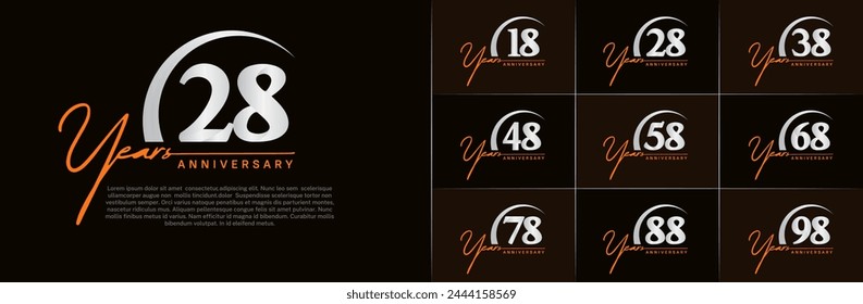 anniversary logotype set vector, orange and silver color with swoosh for special day celebration