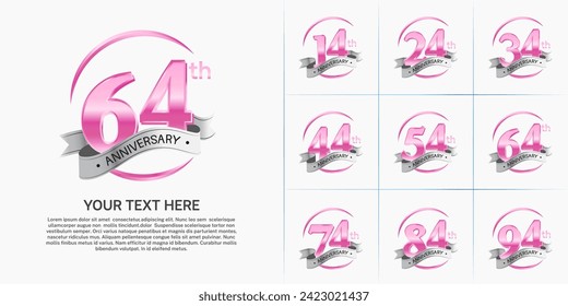 conjunto de logotipo de aniversario vector, color rosa y cinta de plata para celebración de día especial