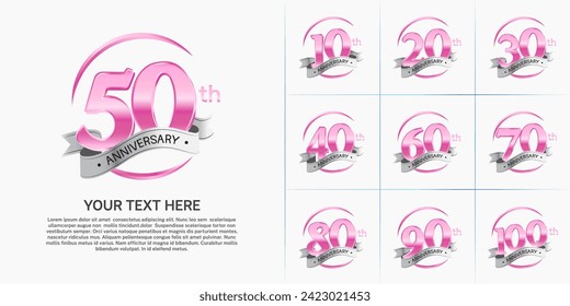 conjunto de logotipo de aniversario vector, color rosa y cinta de plata para celebración de día especial