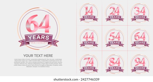 vector del conjunto del logotipo del aniversario, color rosa con el círculo y la cinta púrpura para la celebración especial del día