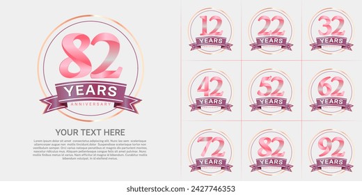 anniversary logotype set vector, pink color with circle and purple ribbon for special day celebration