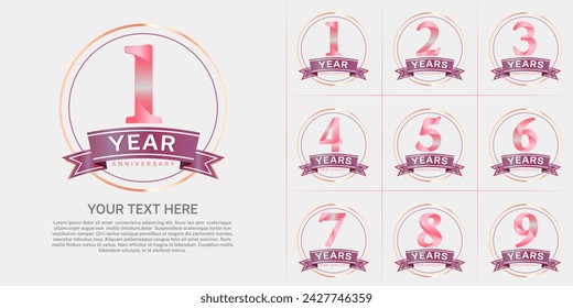 anniversary logotype set vector, pink color with circle and purple ribbon for special day celebration
