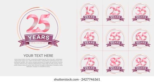 anniversary logotype set vector, pink color with circle and purple ribbon for special day celebration
