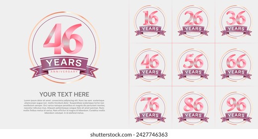 vector del conjunto del logotipo del aniversario, color rosa con el círculo y la cinta púrpura para la celebración especial del día