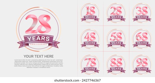 anniversary logotype set vector, pink color with circle and purple ribbon for special day celebration