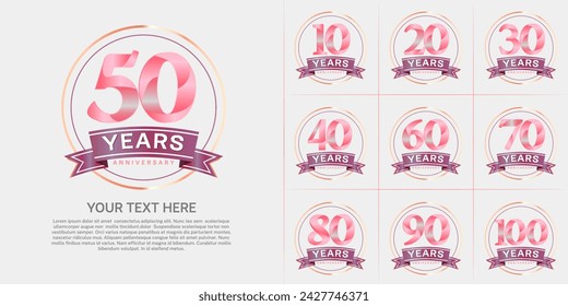 anniversary logotype set vector, pink color with circle and purple ribbon for special day celebration