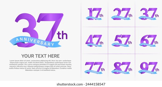 anniversary logotype set vector, purple color and blue ribbon for special day celebration