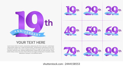 logotipo de aniversario conjunto de Vector, color púrpura y cinta azul para la celebración del día especial