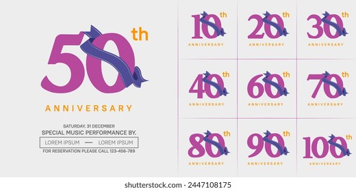 logotipo de aniversario conjunto de Vector, color púrpura y cinta azul para la celebración del día especial