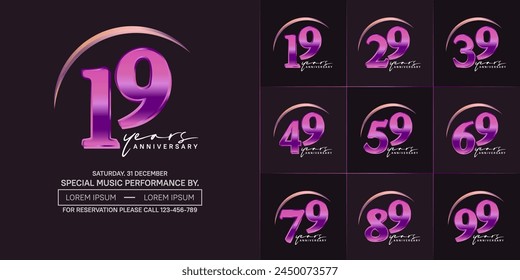 anniversary logotype set vector, purple color with swoosh for special day celebration