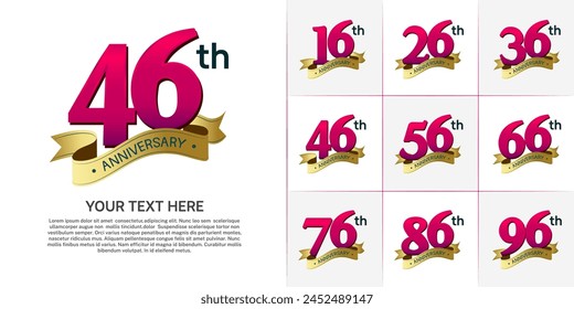 anniversary logotype set vector, purple color and gold ribbon for special day celebration