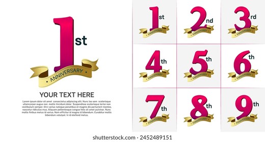 anniversary logotype set vector, purple color and gold ribbon for special day celebration