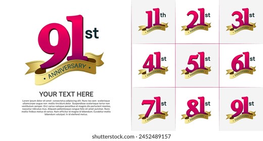 anniversary logotype set vector, purple color and gold ribbon for special day celebration