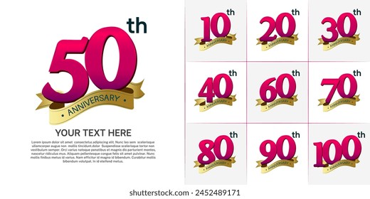 anniversary logotype set vector, purple color and gold ribbon for special day celebration