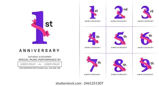 anniversary logotype set vector, purple color and pink ribbon for special day celebration