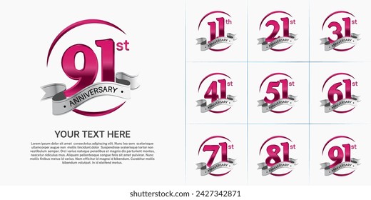 anniversary logotype set vector, red color and silver ribbon for special day celebration