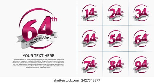 anniversary logotype set vector, red color and silver ribbon for special day celebration