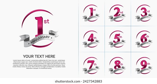 anniversary logotype set vector, red color and silver ribbon for special day celebration