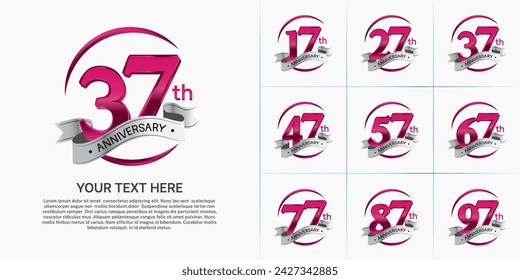 anniversary logotype set vector, red color and silver ribbon for special day celebration