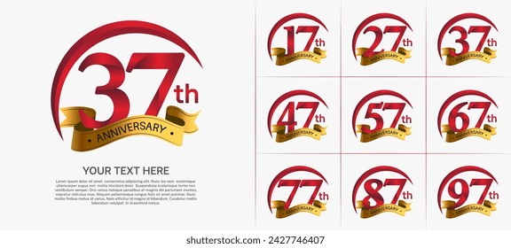 vector del conjunto del logotipo del aniversario, color rojo con la cinta de oro para la celebración especial del día
