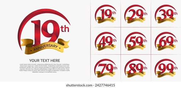 anniversary logotype set vector, red color with golden ribbon for special day celebration
