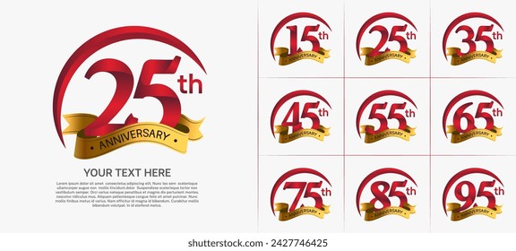 anniversary logotype set vector, red color with golden ribbon for special day celebration