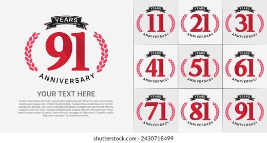 anniversary logotype set vector, red color and black ribbon for special day celebration