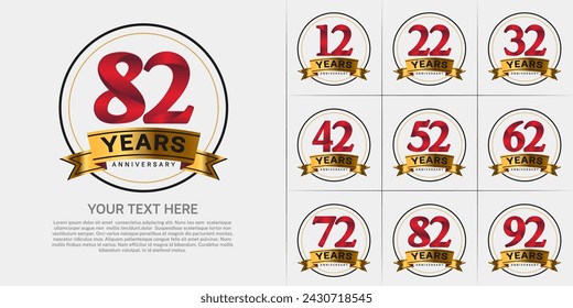 anniversary logotype set vector, red color with circle and gold ribbon for special day celebration