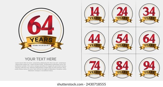 anniversary logotype set vector, red color with circle and gold ribbon for special day celebration
