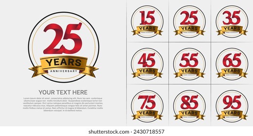 anniversary logotype set vector, red color with circle and gold ribbon for special day celebration