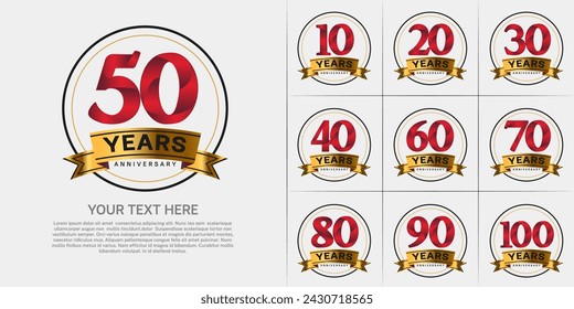 anniversary logotype set vector, red color with circle and gold ribbon for special day celebration