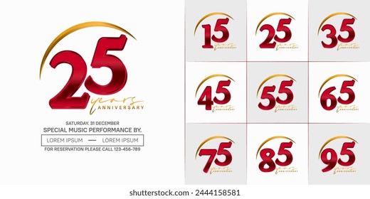 anniversary logotype set vector, red and golden color with swoosh for special day celebration
