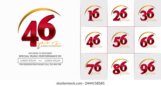 anniversary logotype set vector, red and golden color with swoosh for special day celebration