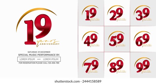 logotipo de aniversario conjunto de Vector, color rojo y dorado con swoosh para la celebración especial del día