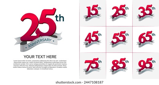 anniversary logotype set vector, red color and silver ribbon for special day celebration