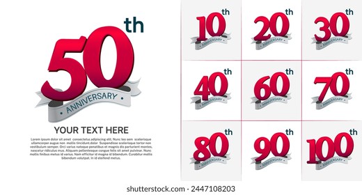 anniversary logotype set vector, red color and silver ribbon for special day celebration